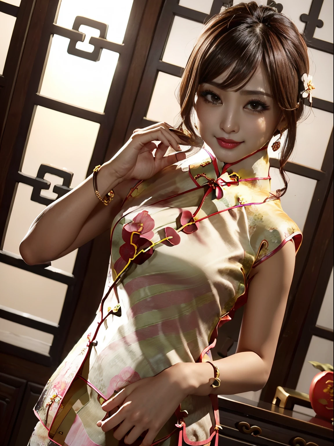 NSFW、japanes、、(((Flower cheongsam:1.5)))、爆乳、Super burst chest、、thin-waist、one girls、8K、Best image quality Ultra high definition、(Photorealsitic)、Masterpiece Symmetrical High Definition RAW Color Pro Close Photo 、(High Definition Face:1.1)(cleavage of the breast:1.2)、Japanese face、blurry backround、Light pink lip、good lighting、gal make、Fancy makeup、Thin pink lips、Moisturized lips、heavy make-up、((Longhaire、2 loaves))、二重まぶた、skin tanned、Japanese face、Brown skin、gal make、Lashes、Gal style long necklace、Gal style bracelet、Gal Style Accessories、Fancy piercings、body piercings、Full body、A smile、in poolside、Resort、Brown skin、Black Gal、sexy  pose、Naughty Poses、Breast Focus、full body Esbian、the perfect body、