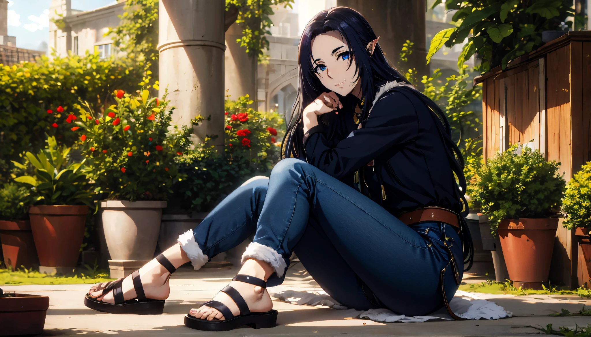 anatomically correct, best quality, masterpiece, high quality, high details, highres, HD, (shaded face:1.2), hollow eyes, dark-blue eyes, looking at viewer, heavy breathing, smirk, uppert teeth, black hair, long hair, pointy ears, 1girl, pants, sitting, blue_eyes, long_hair, jeans, plant, fur_trim, potted_plant, solo, looking_at_viewer, outdoors, tree, breasts, black_hair, toes, bangs, leaf, barefoot, large_breasts, denim, fur_collar, sandals, feet, day, crossed_legs, blue_pants, long_sleeves,