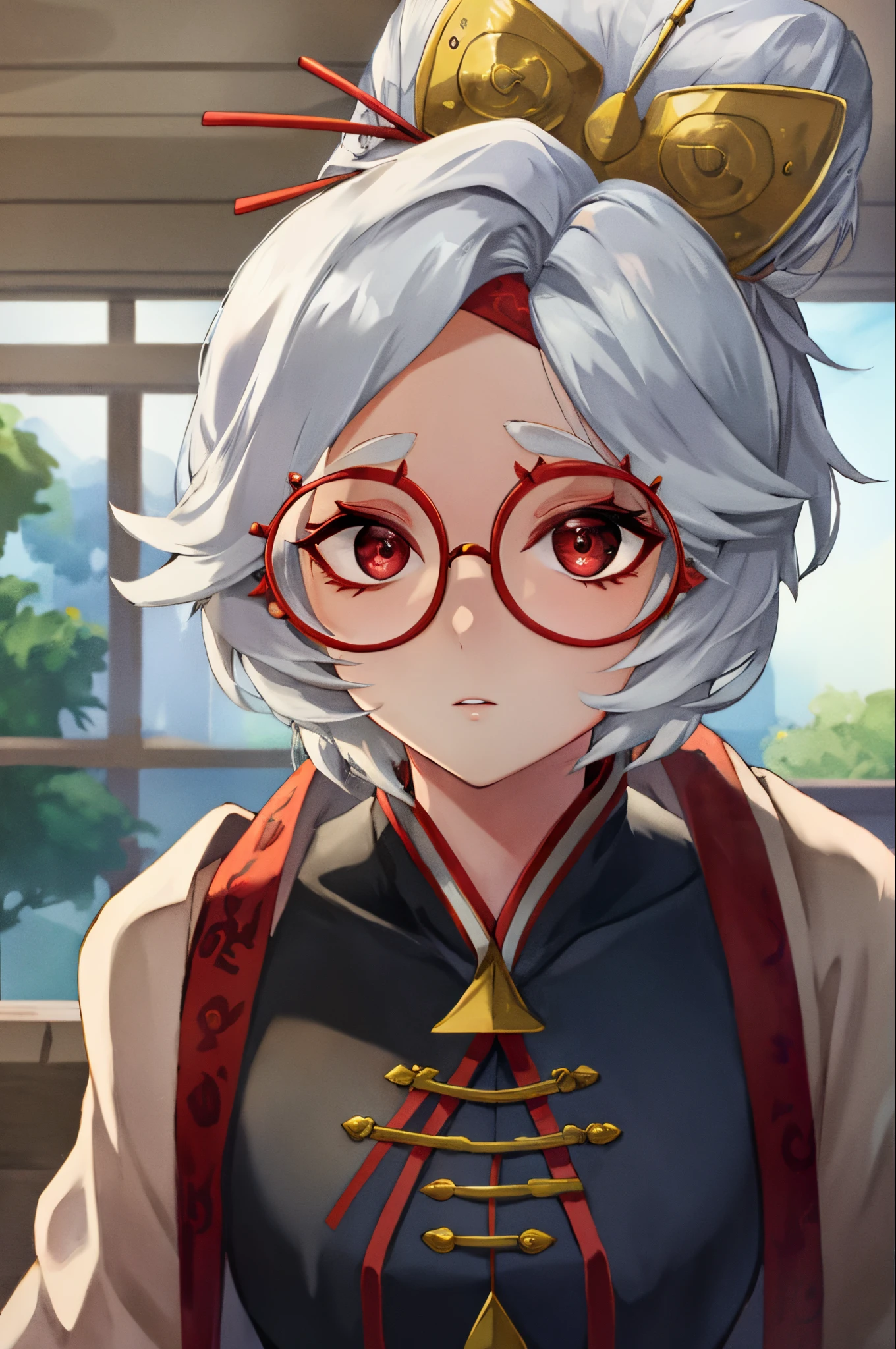 White hair、short-hair、Large round glasses、Red glasses、Red eyes、