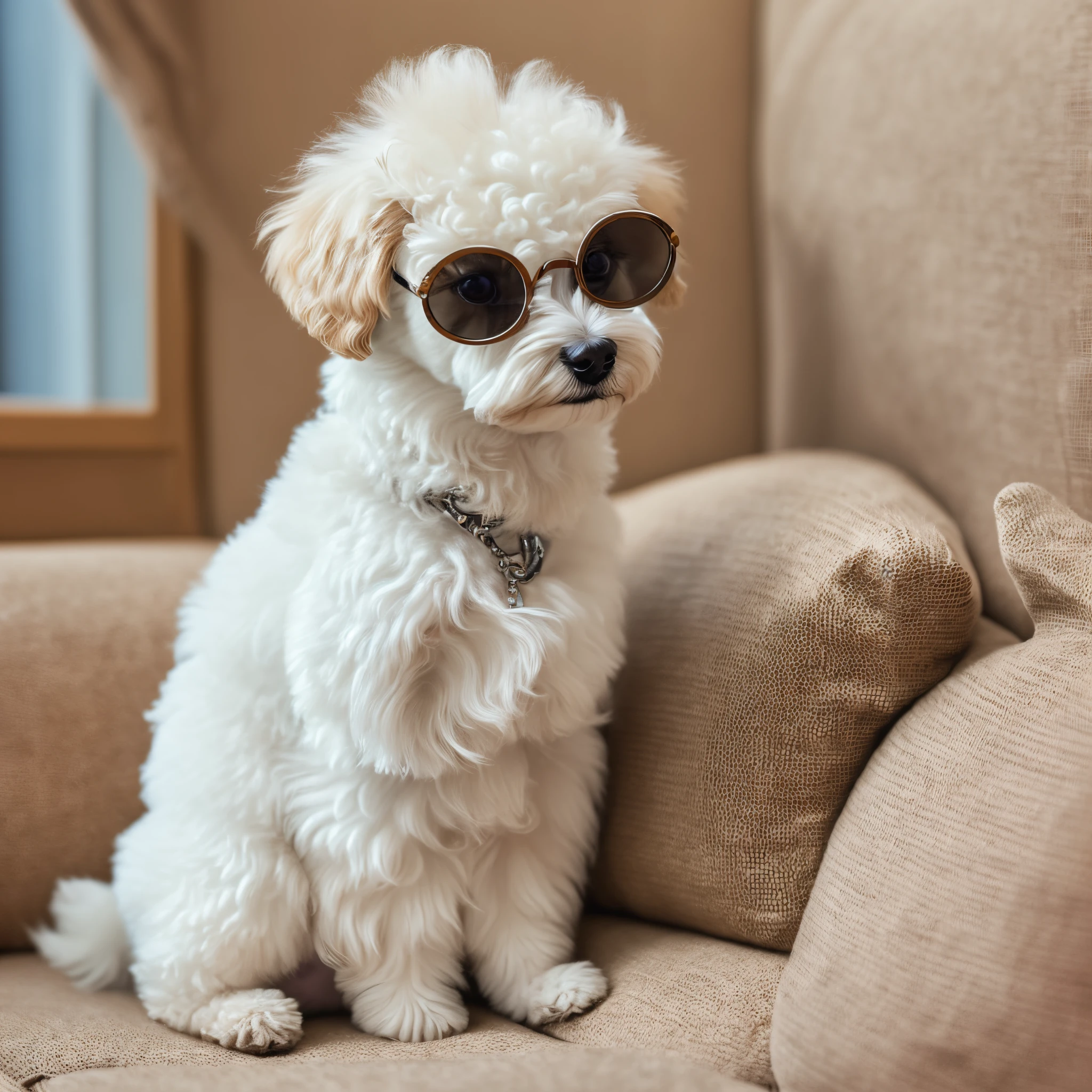 white tiny white toy poodle with round glasses sitting on a sofa in profile watching tv in the bathroom --auto --s2