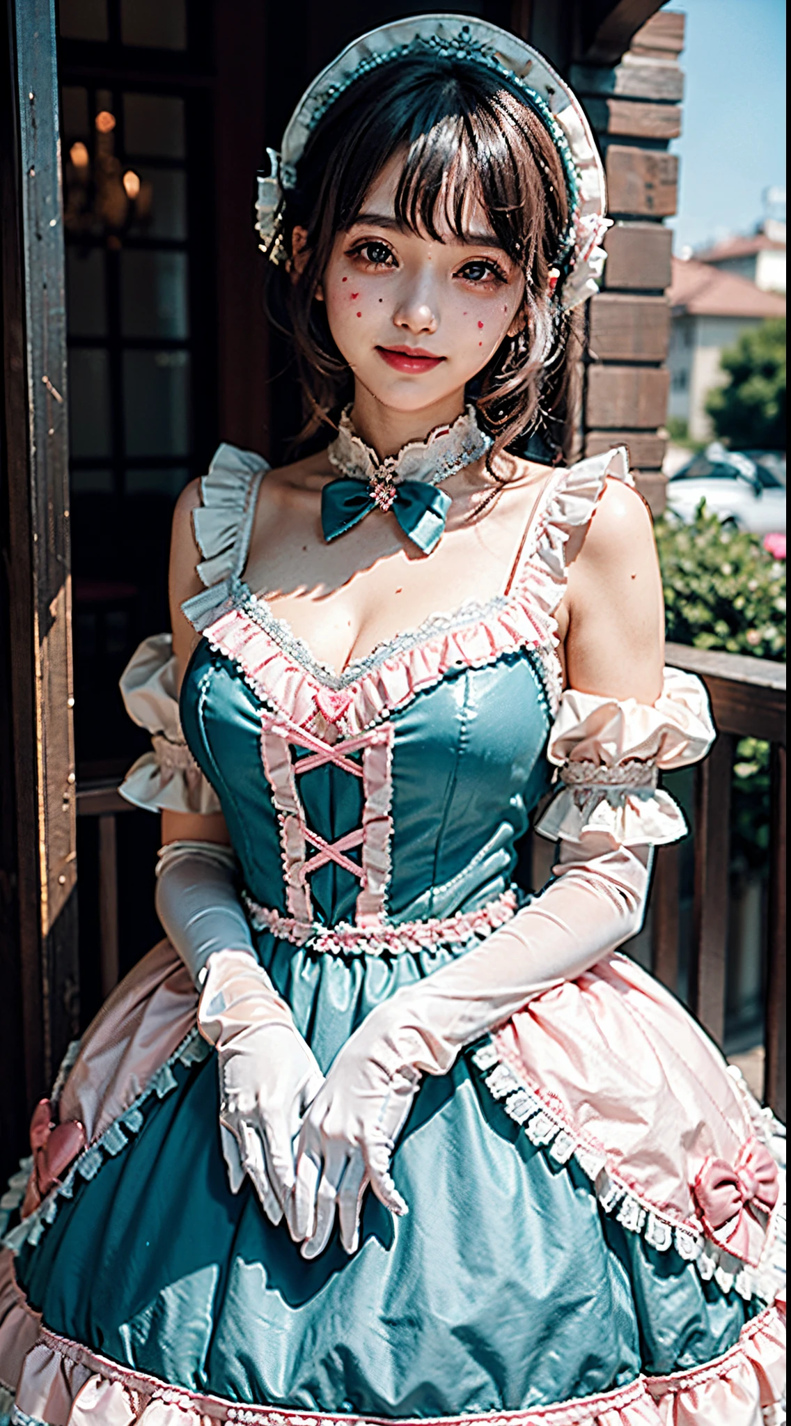1girl, photo, masterpiece, sweetlolita, tosca dress fabric, heart shape on cheek, blush pink makeup, gloves, smile, pastel color, ornate, broderry, bokeh