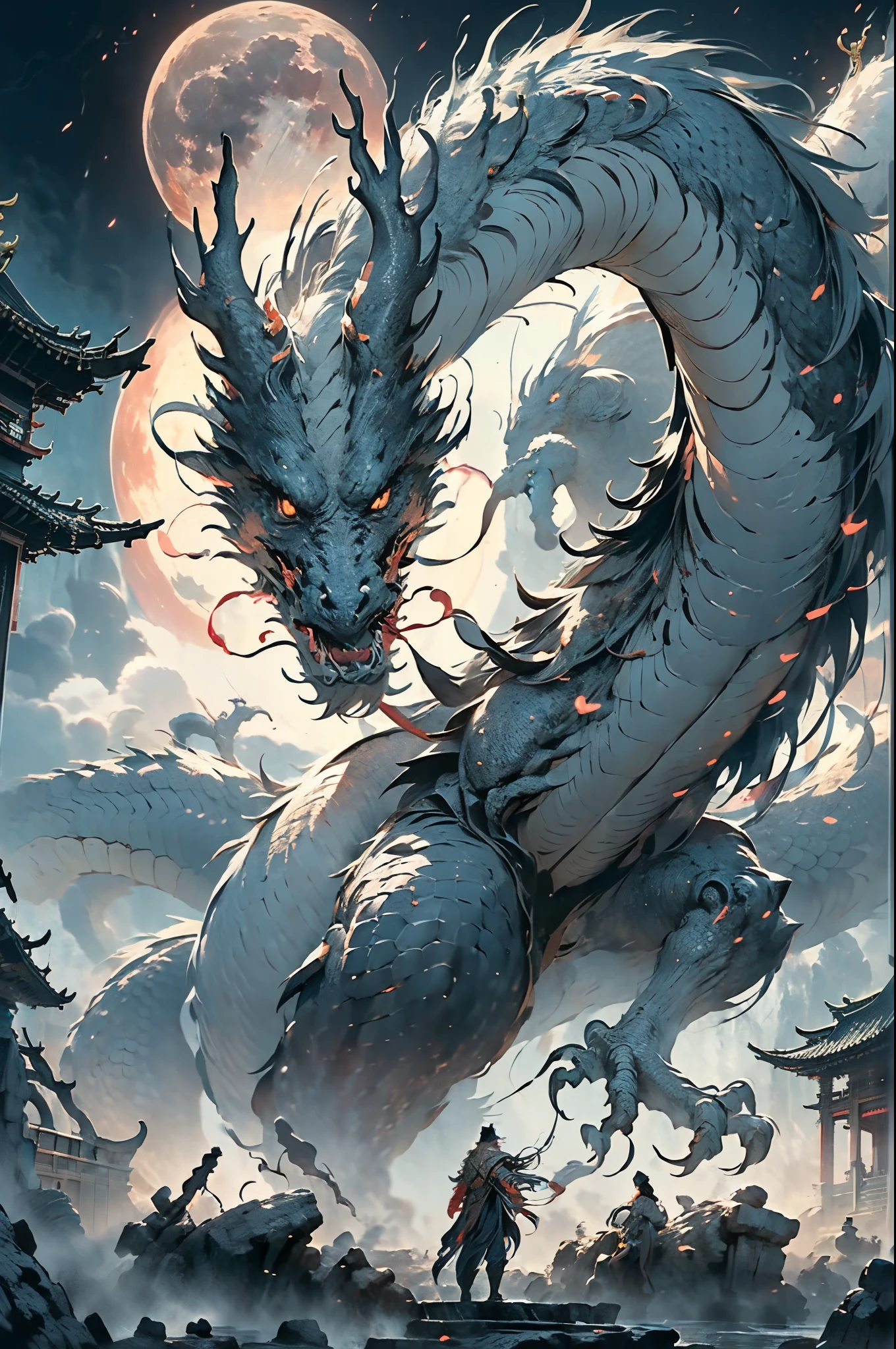 （(His works have won many awards, With incredible details, textures and maximum detail，(フォトリアリスティック))），Describing people and dragons being together，（chinesedragon：1.6），（sky sky， surrounded by cloud），（Chinese mythology：1.2），dream-like、Mito、high high quality、((big eagle,shapely man))，((Big muscle man))，（Handsome face：1.4)，（Messy White Hair），(Anatomically correct limbs and physique:1.5), (Anatomically correct perspective and occlusion：1.5)，(Gender characteristics are very obvious：1.5)，(correct faces), ((add some scenes：Moon Night，temple ruins，A huge full moon lights up the night sky，(( (Complicated details:1.1), the complex background))， ((dynamic viewing angle+dynamic combination))，Correct anatomy，