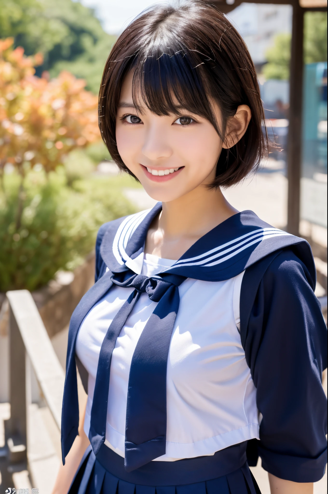 De S,japanes,Equalize the size of the eyes,Black hair,Chest,A smile,short-cut,JK,hi-school girl,8k,high-level image quality,chest,valley,A sexy,huge tit,爆乳,hi-school girl,校服,a sailor suit,痴女,older sister,styles