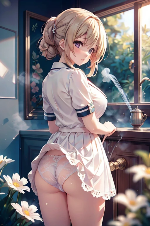 (masutepiece), Mature Schoolgirl, Sexy, posterior, Floral lace underwear, Natural light, Photorealistic, Cameltoe, diffuse glow, depth of fields, White skirt, steam, (Lift skirt), (Urination), Lifelike