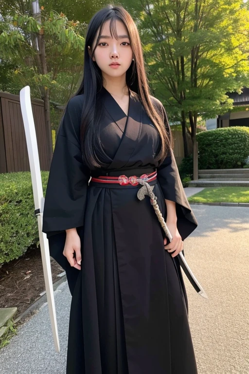 best quality,high quality,masterpiece,detailed,high resolution,realistic,1girl,16 years old,long black hair,looking at viewer,from below,full body,holding Japanese sword,samurai,kimono,hakama,