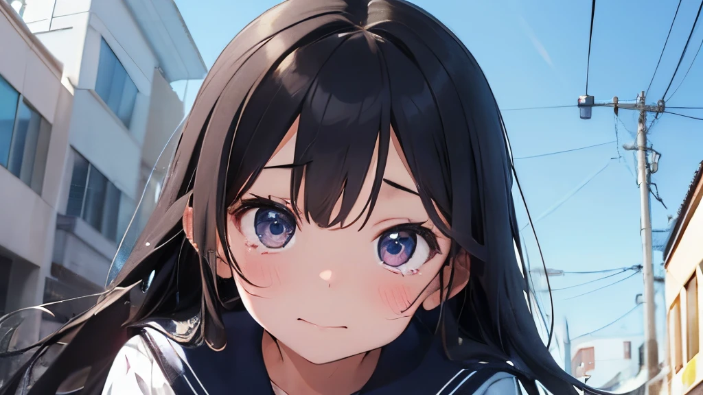 High School Girl,Keeping an eye on the top、My eyes are wet with tears、Sunny blue sky、Uniform is sailor suit、Plain but cute、Long Black Hair、The illustrations are in the style of romance manga and anime.。