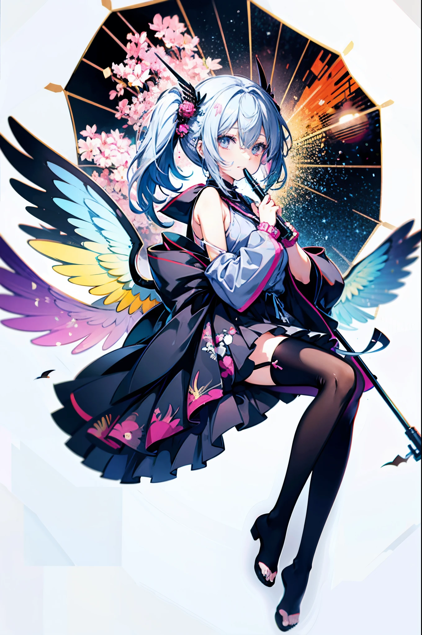 Anime girl with colorful wings and black umbrella,Long gray hair, Anime art wallpaper 4k, Anime art wallpaper 4k, Anime art wallpaper 8 K, beautiful anime artwork, Anime style 4k, anime abstract art, beautiful anime art, Artwork in anime style, beautiful anime art style, anime style art, anime colours, anime illustration, Digital art on Pixiv, Anime style illustration