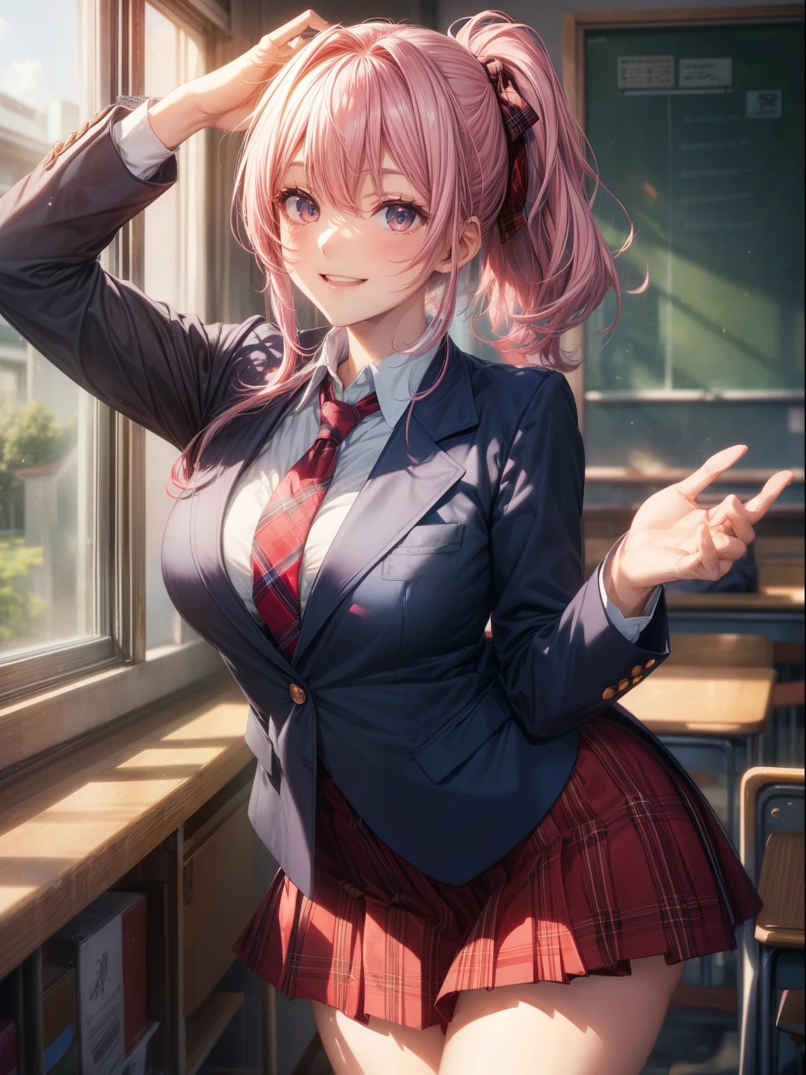 top-quality、Full limbs、complete fingers、one beautiful women、Beautiful Large Breasts、poneyTail、Pink hair、((Dark blue blazer))、White Y-shirt、Red tie、Red plaid miniskirt、A big smile、schools、‎Classroom、Sunset through the window、Naughty Poses