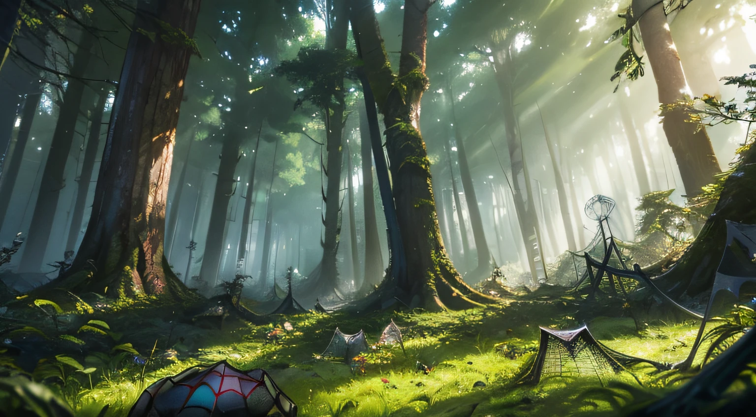 a 3 point perspective shot of from the ground of a forest floor:1.4) background dark forest, ( huge spiders webs everywhere:1.3)twisted trees, moss on the ground, immersive image drawing the viewer into an insect sized world,