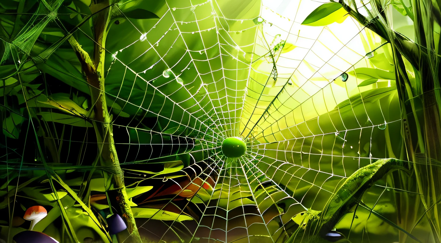 a spider web with water droplets on it in a forest, web of life, background a forest floor with mushrooms and moss covering the floor , twisted trees