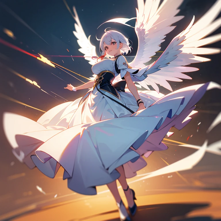 (Best quality,8K,tmasterpiece), 1个Giant Breast Girl, ssmile, Full body lesbian, rosto magro, Beutiful women,(white color hair),full length dress:1.1,Very rich facial details, 詳細な目,二重まぶた, blur backgroun, rosto magro, 城市, external, the street,White wings