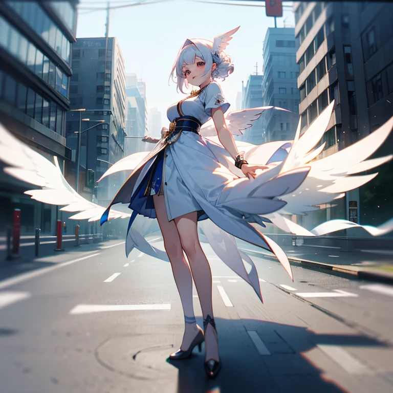 (Best quality,8K,tmasterpiece), 1个Giant Breast Girl, ssmile, Full body lesbian, rosto magro, Beutiful women,(white color hair),full length dress:1.1,Very rich facial details, 詳細な目,二重まぶた, blur backgroun, rosto magro, 城市, external, the street,White wings