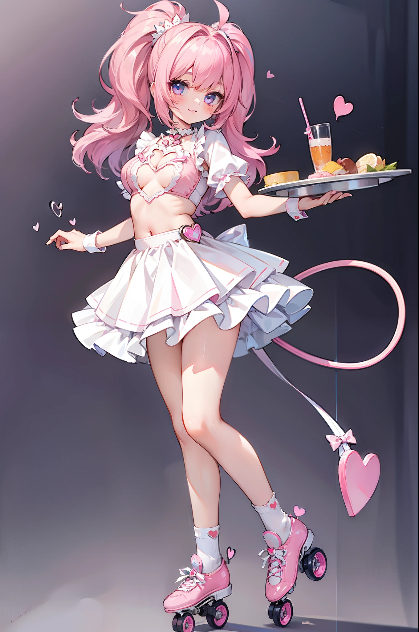 Masterpiece, best quality, high quality, ultra detailed, Girl standing on roller skates, with a tray in one hand, pink shirt, white skirt, (loose socks), heart choker, ((cleavage cutout)), ((heart cutout)), big hair, small breasts, cleavage, looking at viewer, smile, Tail On the head
