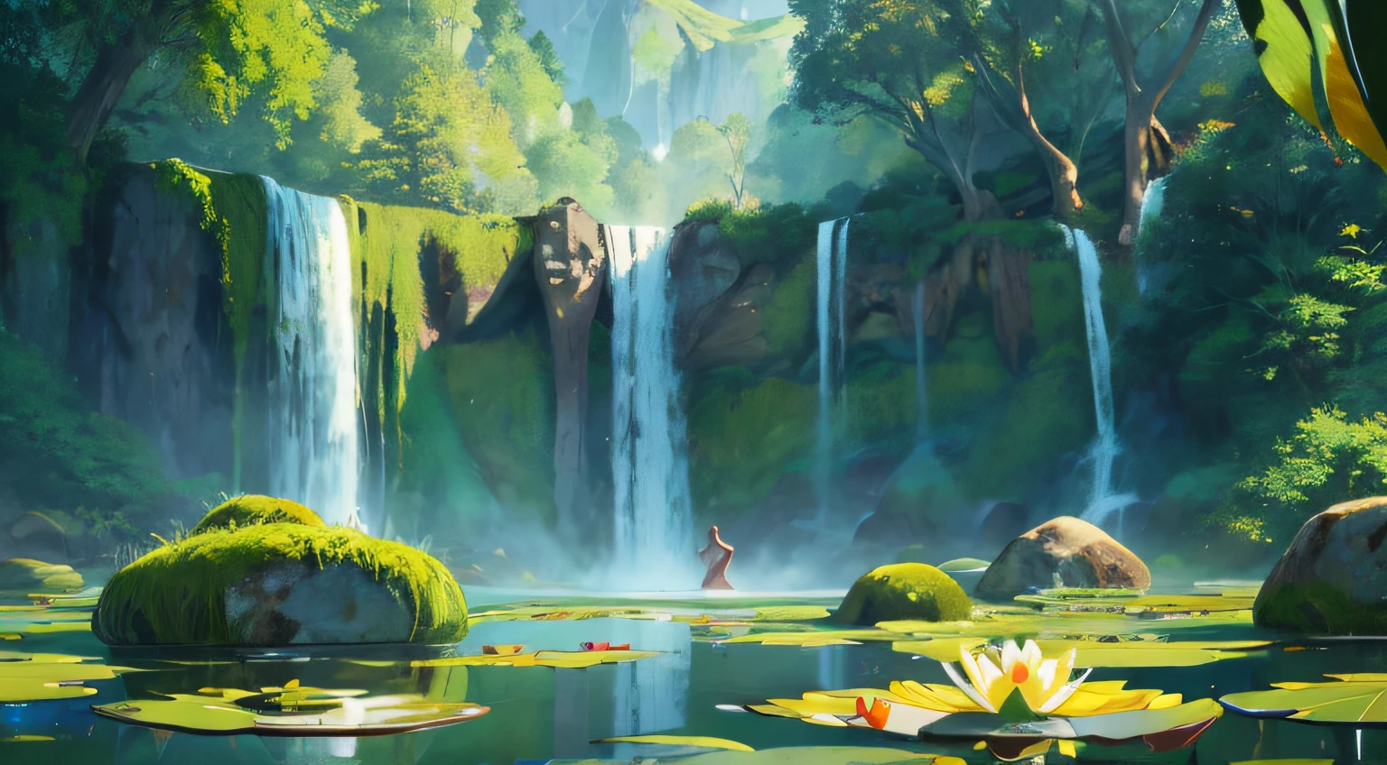 focal point at eye level of a huge lily pad floating in a pond, next to a stone rock semi submerged in the water, trees and hills in the background, serene illustration, waterfall background, detailed digital painting, , a beautiful artwork illustration, peaceful environment, screenshot animation style