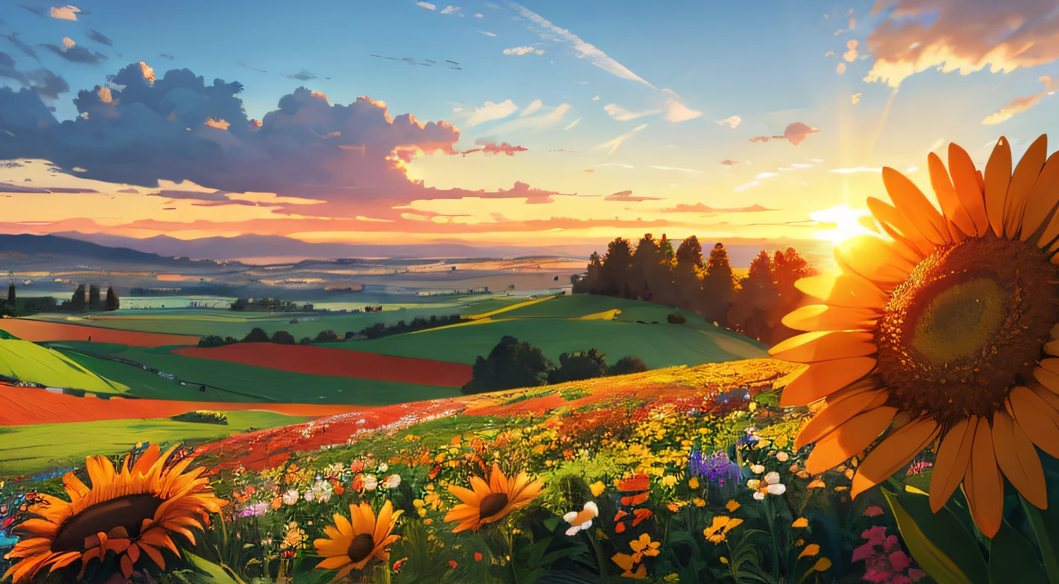a close up eye level view of a huge meadow full of amazing flower varieties, colourful, fun, sunsetting in the distance, warm hues,