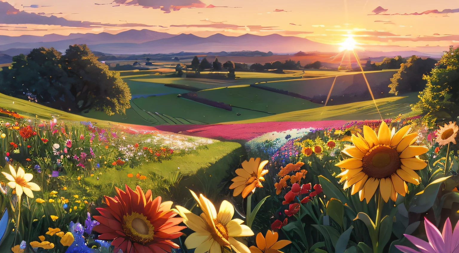 a close up eye level view of a huge meadow full of amazing flower varieties, colourful, fun, sunsetting in the distance, warm hues,