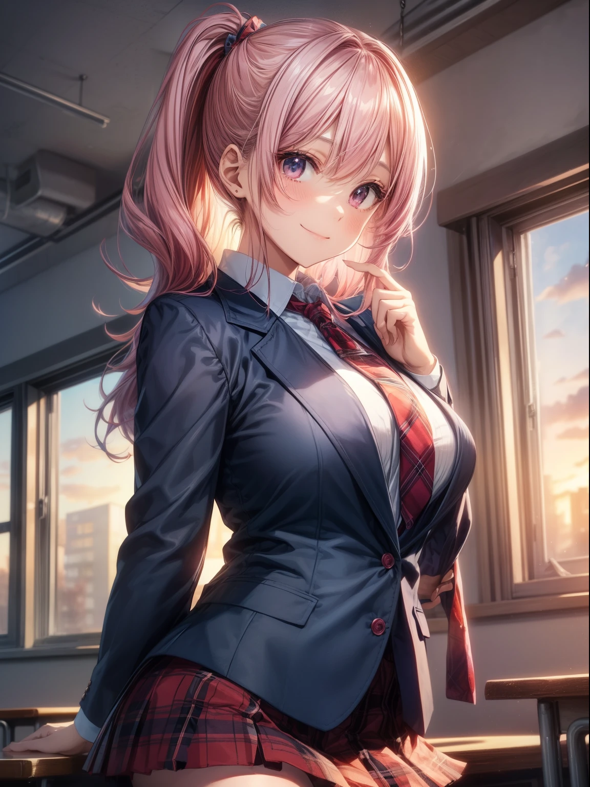 top-quality、Full limbs、complete fingers、one beautiful women、Beautiful Large Breasts、poneyTail、Pink hair、((Dark blue blazer))、White Y-shirt、Red tie、Red plaid miniskirt、A big smile、schools、‎Classroom、Sunset through the window、Naughty Poses