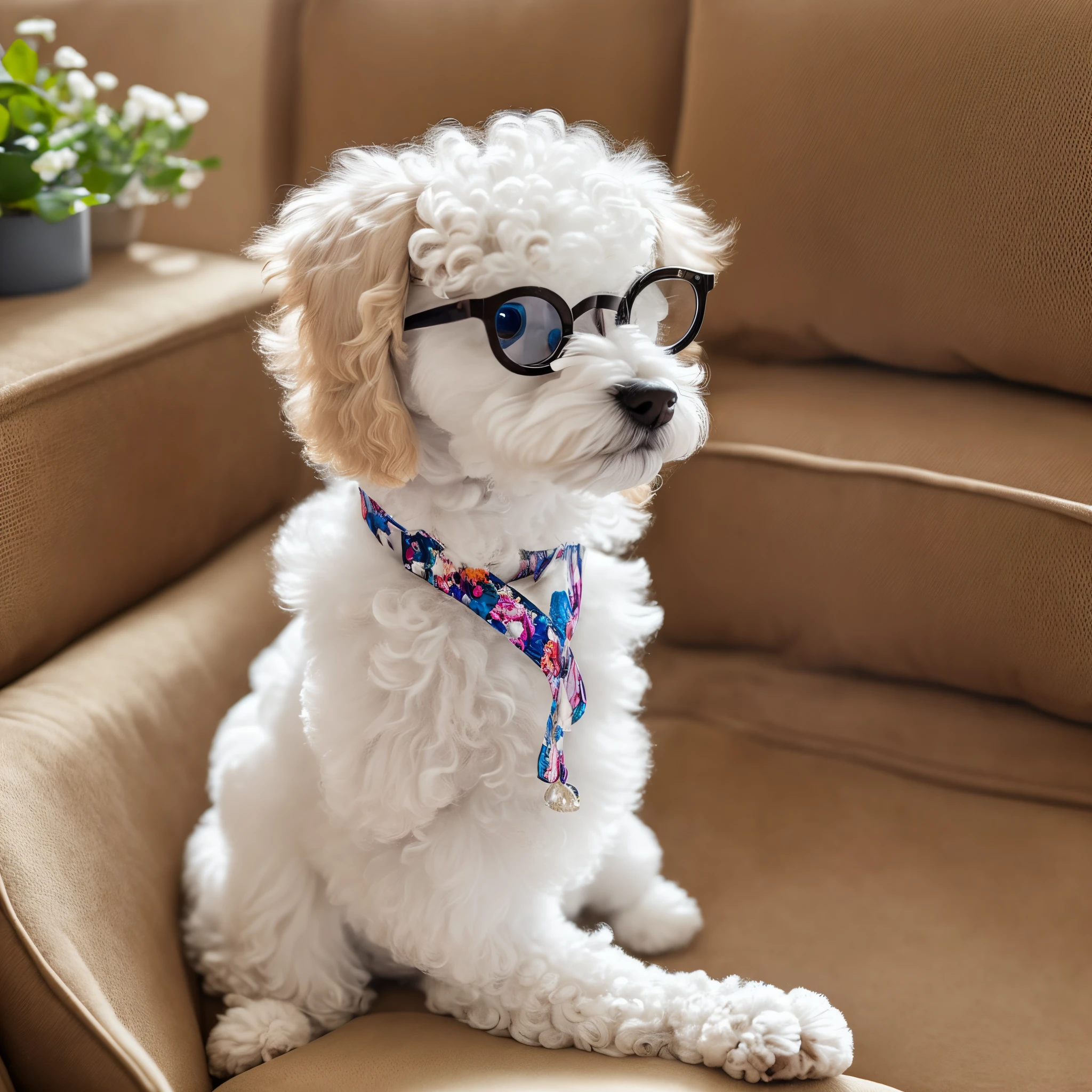 white tiny white toy poodle with round glasses sitting on a sofa in profile watching tv in the bathroom --auto --s2