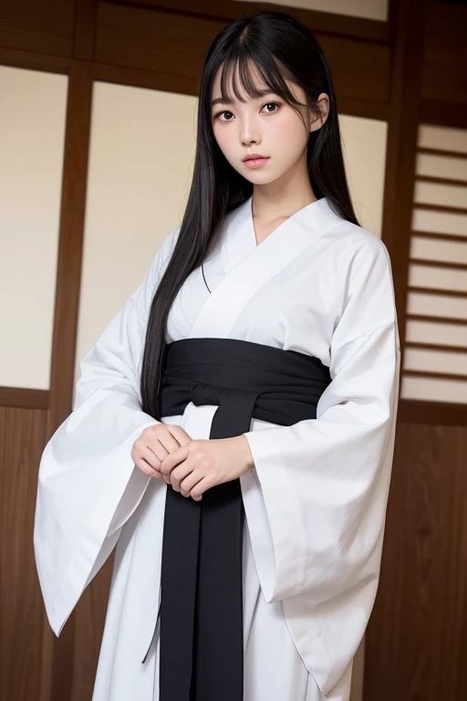 best quality,high quality,masterpiece,detailed,high resolution,realistic,1girl,,long black hair,looking at viewer,from below,full body,nihontou,samurai,kimono,hakama,
