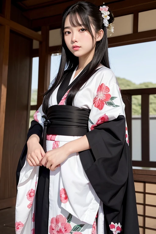 best quality,high quality,masterpiece,detailed,high resolution,realistic,1girl,,long black hair,looking at viewer,from below,full body,nihontou,samurai,kimono,hakama,