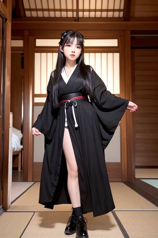 best quality,high quality,masterpiece,detailed,high resolution,realistic,1girl,,long black hair,looking at viewer,from below,full body,nihontou,samurai,kimono,hakama,