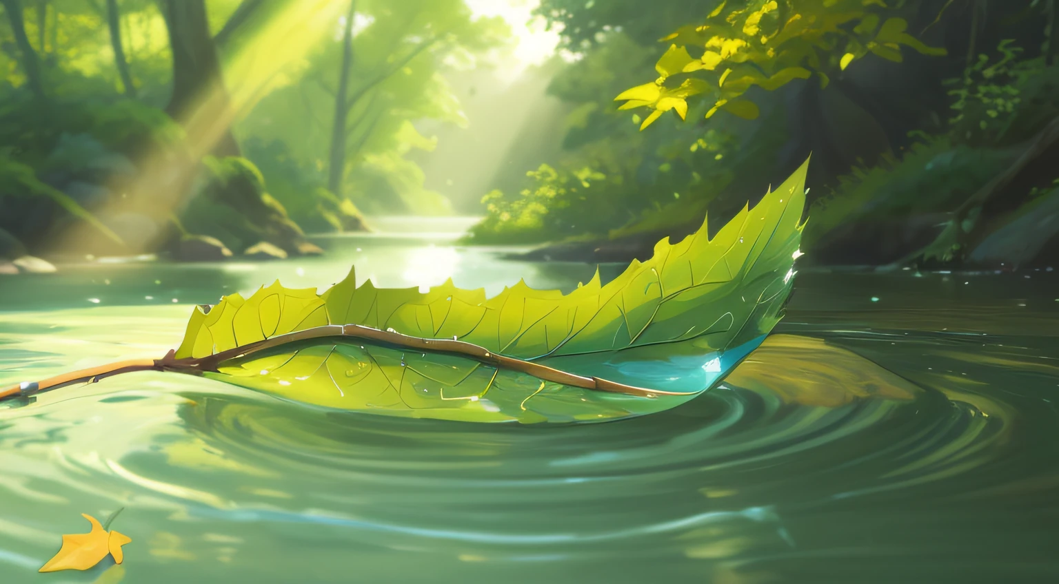 there is a leaf floating on the water , rendered illustration, artistic illustration, an illustration, artistic pose, animation screenshot