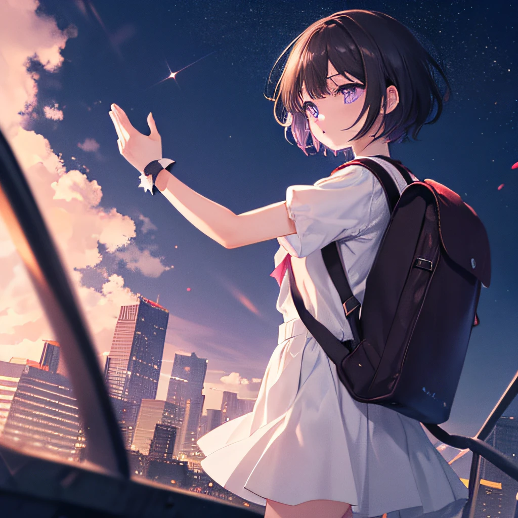 (beautiful and magnificent skyline, majestic sky), (extremely tense and dramatic pictures, moving visual effects), ( colorful natural light), (1magical girl), (carrying a brown backpack), (dynamic pose:1.3, beautiful purple eyes, black short hair, sparkling girl)[:0.8],  (oncoming breeze),  (close shot, long shot mix and match)[::0.9]