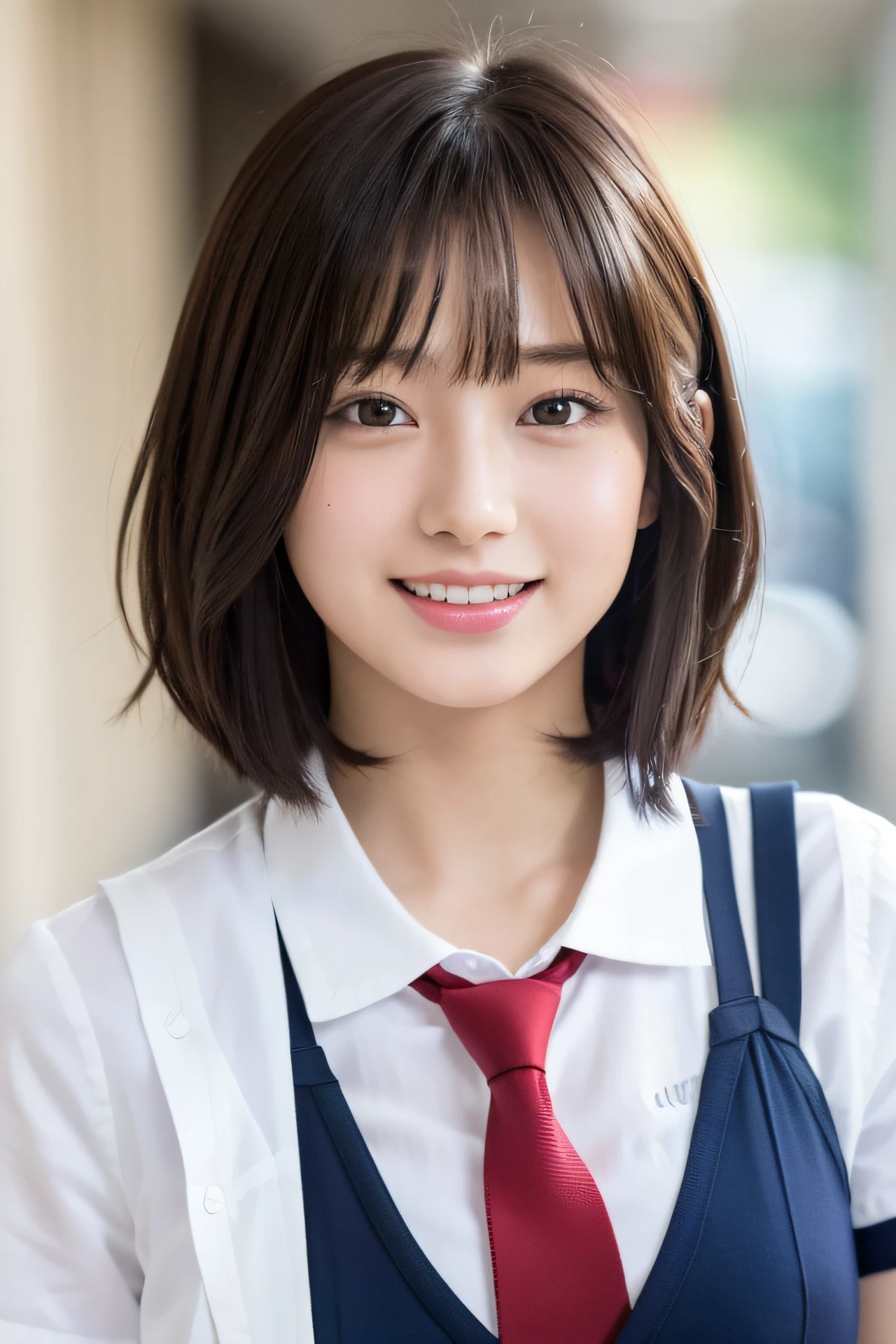 Highly detailed, 8K, masutepiece, 1girl in, Red tie_hair, Dress , Crazy_Smile, (Perfect_Face), Detailed_Background, full_Body, bloom,(Beautiful lighting:1.3), Caustics, Dynamic lighting, from a_Below