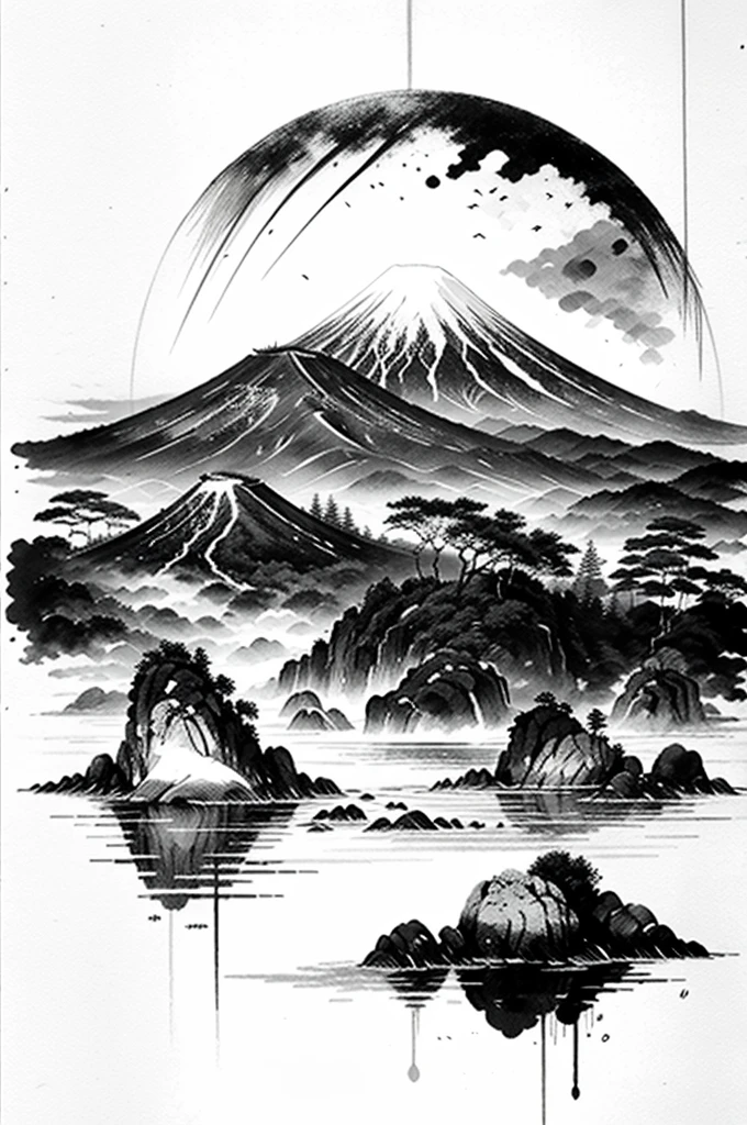 Japanese scenery lithograph, B&W, estilo rabiscado.