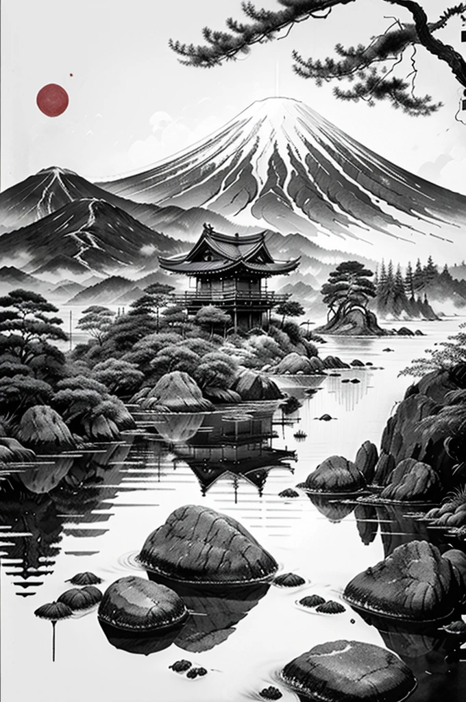 Japanese scenery lithograph, B&W, estilo rabiscado.