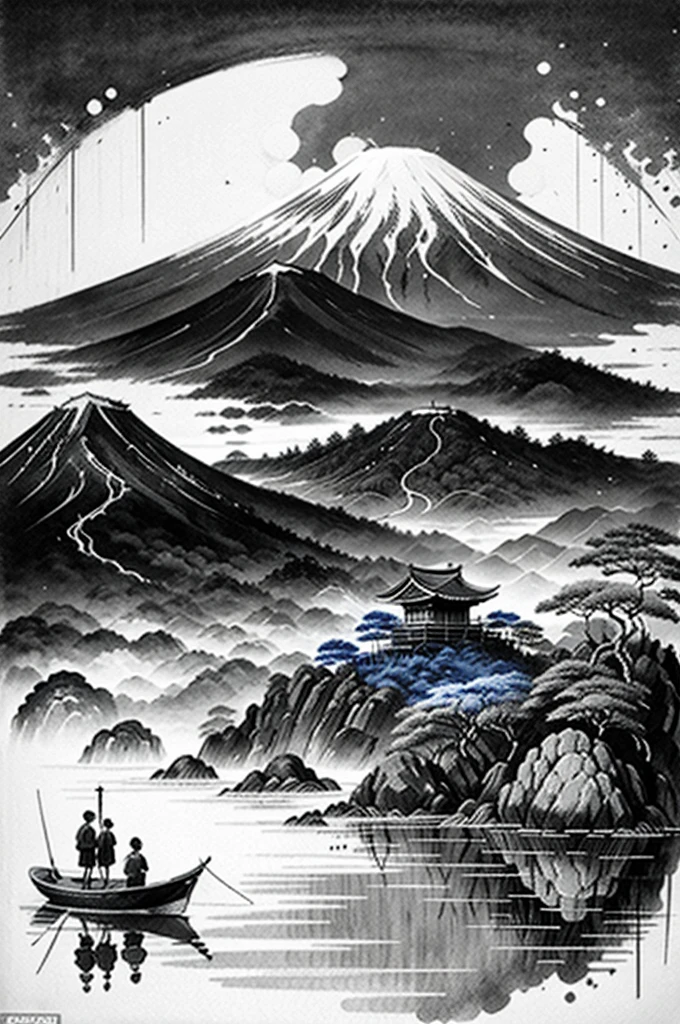 Japanese scenery lithograph, B&W, estilo rabiscado.