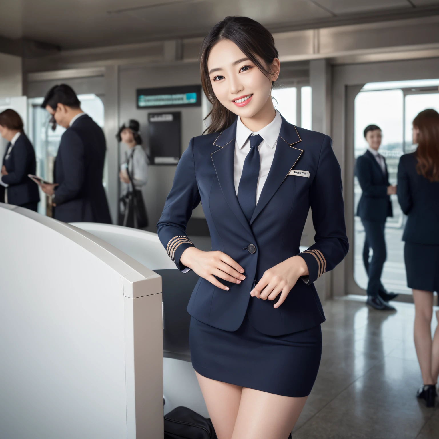 ((top-quality、masutepiece、8K、Top image quality、Hyper-Realism))、(Female Stewardess、cowboy shot)、((The location is the airport boarding gate.、I can see the plane through the window glass、I can see the airplane parked outside the window.、perfect and detailed airplane))、((The perfect stewardess uniform、Chignon))、The Biggest Smile、white big teeth、Perfect makeup、long eyelashes、View me、smile your best smile、perfect anatomia、The lighting is very bright