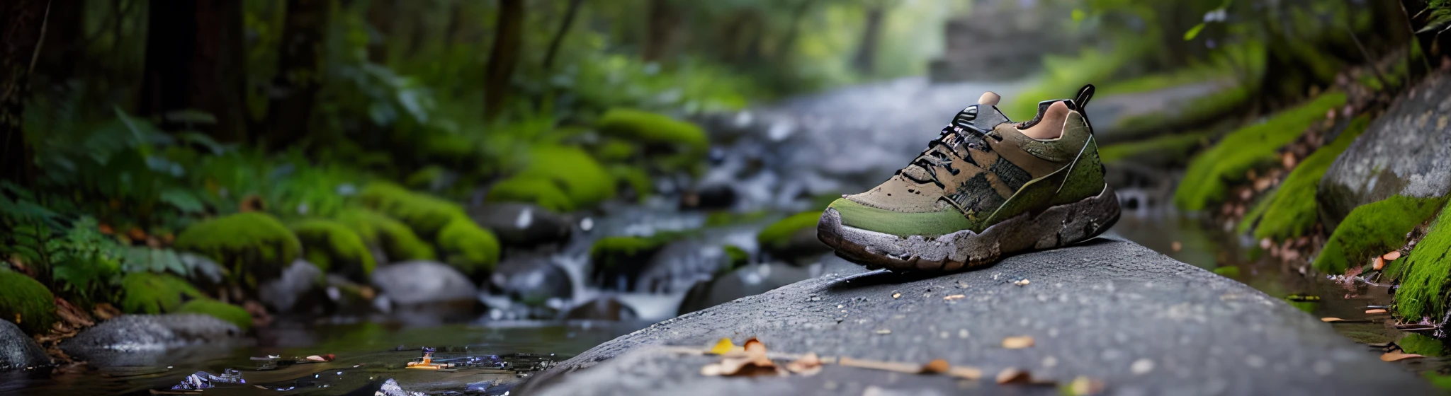 shoes on stone,There is a trickle next to the stone,There is moss on the stone,Cinematic light and shadow,high high quality,ultra - detailed,ray traycing