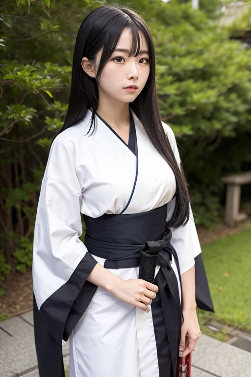 Wearing a kimono and hakama、A female high school swordsman with long black hair and a sword attached to her waist.