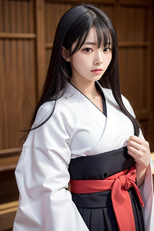 Wearing a kimono and hakama、A female high school swordsman with long black hair holding a sword