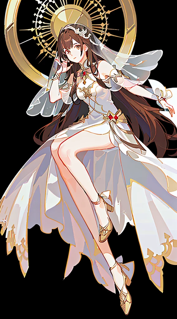 ((8K masterpiece)),Best quality at best,The content is very detailed,(1 girl),Brown hair long,delicated face,The eyes are bright,wide angles,veil effect。Full body design concept,clothes details,white and red dress,cloaks,gemstones for hair,