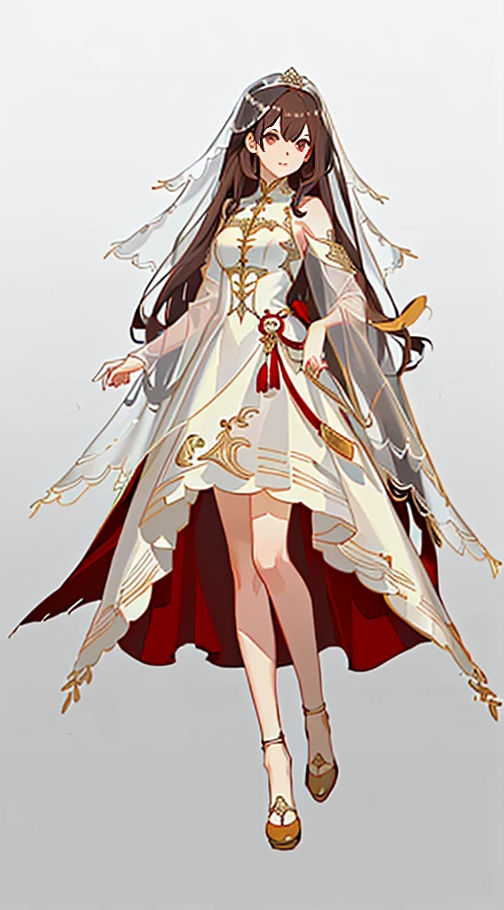 ((8K masterpiece)),Best quality at best,The content is very detailed,(1 girl),Brown hair long,delicated face,The eyes are bright,wide angles,veil effect。Full body design concept,clothes details,white and red dress,cloaks,gemstones for hair,