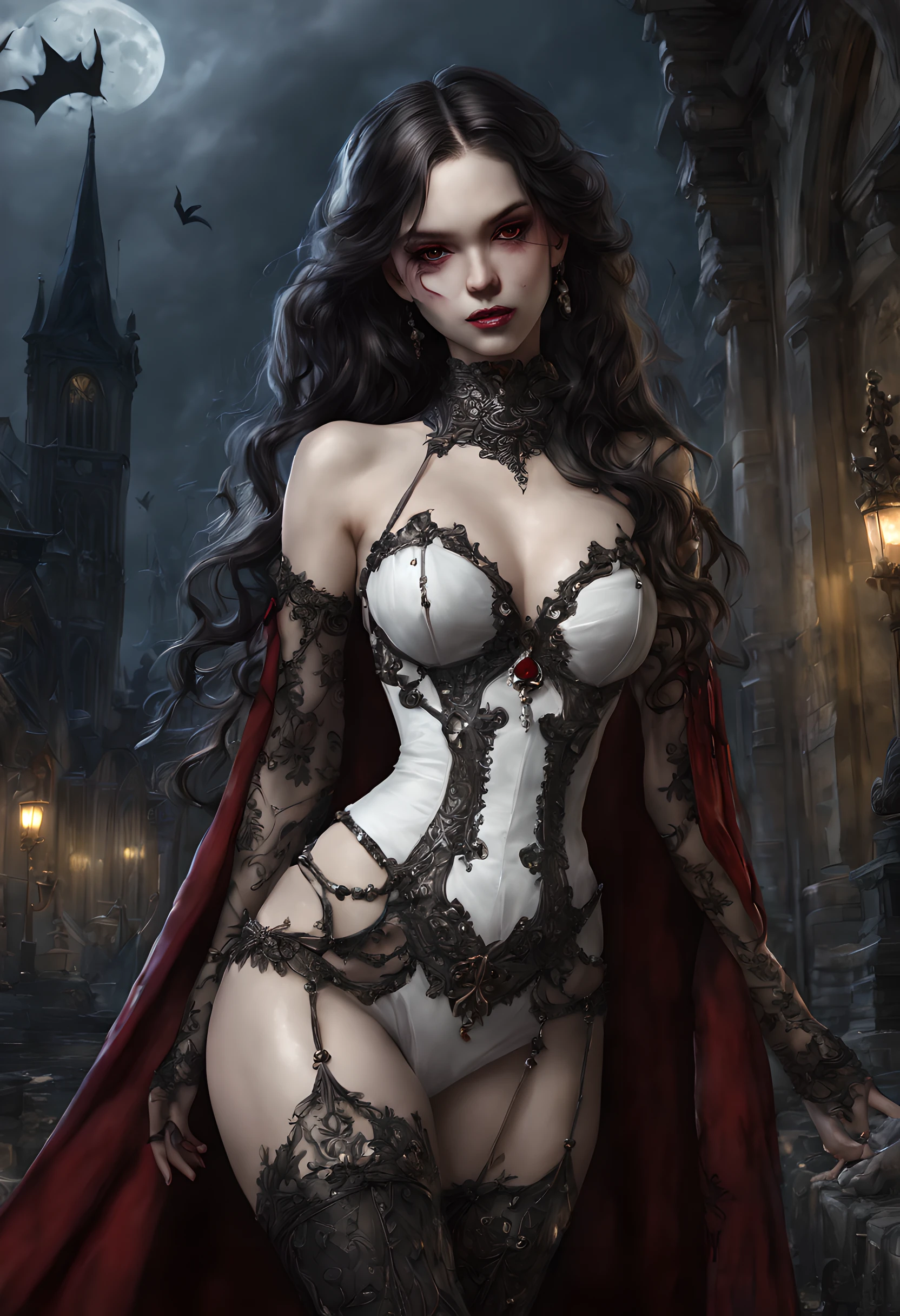 arafed, dark fantasy art, gothic art, (masterpiece:1.5), full body best details, highly detailed, best quality, highres, full body portrait of a vampire, elf (1.6, Masterpiece, best quality), ultra feminine (1.4 intricate details, Masterpiece, best quality) with a long curvy hair, dark color hair, red eyes (1.3 fantasy art, Masterpiece, best quality), ((beautiful delicate face)), Ultra Detailed Face (1.4 intricate details, fantasy art, Masterpiece, best quality), [visible sharp vampiric fangs] (1.6 intricate details, fantasy art, Masterpiece, best quality), [anatomically correct] red cloak, flowing cloak (1.4 intricate details, fantasy art, Masterpiece, best quality), wearing an intricate leather [white] dress (1.4 intricate details, gothic art, Masterpiece, best quality), high heeled boots, blood dripping on lips, urban background (intense details, beat details), fantasy, at night light, natural ,moon light, soft moon light, moon rays, clouds, gothic atmosphere, gothic street background, bats flying in background, soft light, dynamic light, [[anatomically correct]], high details, best quality, 8k, [ultra detailed], masterpiece, best quality, (extremely detailed), dynamic angle, ultra wide shot, RAW, photorealistic, wearing the garterbelt, model715