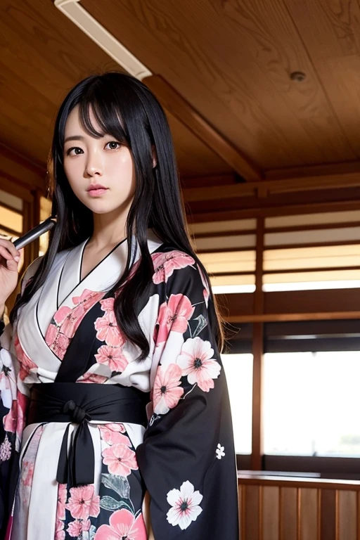Wearing a kimono and hakama、A female high school swordsman with long black hair holding a sword on the upper deck.