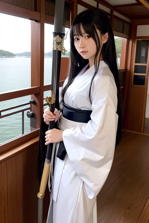 Wearing a kimono and hakama、A female high school swordsman with long black hair holding a sword on the upper deck.