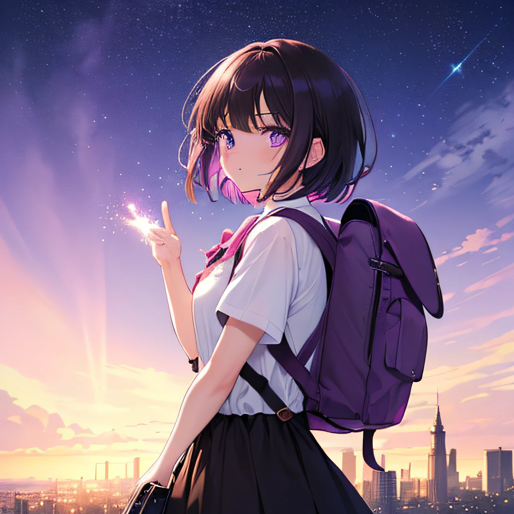 (beautiful and magnificent skyline, majestic sky), (extremely tense and dramatic pictures, moving visual effects), ( colorful natural light), (1magical girl), (carrying a brown backpack), (dynamic pose:1.3, beautiful purple eyes, black short hair, sparkling girl)[:0.8], (oncoming breeze), (close shot, long shot mix and match)[::0.9]