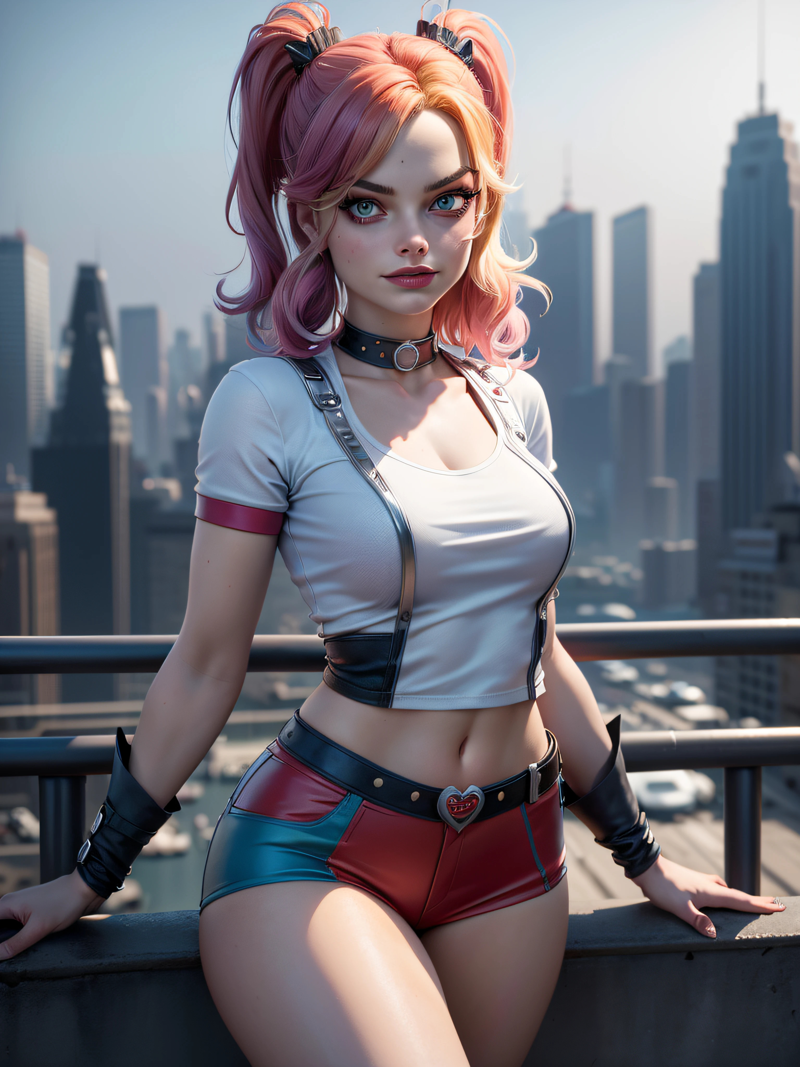 Margot Robbie dressed as Harley Quinn in Suicide Squad all alone. Mini short red and blue and a white T-shirt. Gotham City in the background. full body , éclairage cinématique, Angle dynamique, jolis yeux détaillés. (Texture naturelle de la peau, Hyperréalisme, lumière douce, clair: 1.2), (Détails complexes: 1.12), Chef-d’œuvre HDR, Meilleure qualité, (Photo très détaillée: 1.1), 8k. Folie. Excentricité. violence.