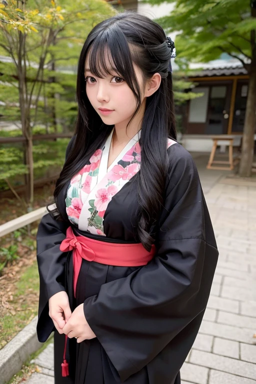 High school girl with long black hair wearing a kimono and hakama