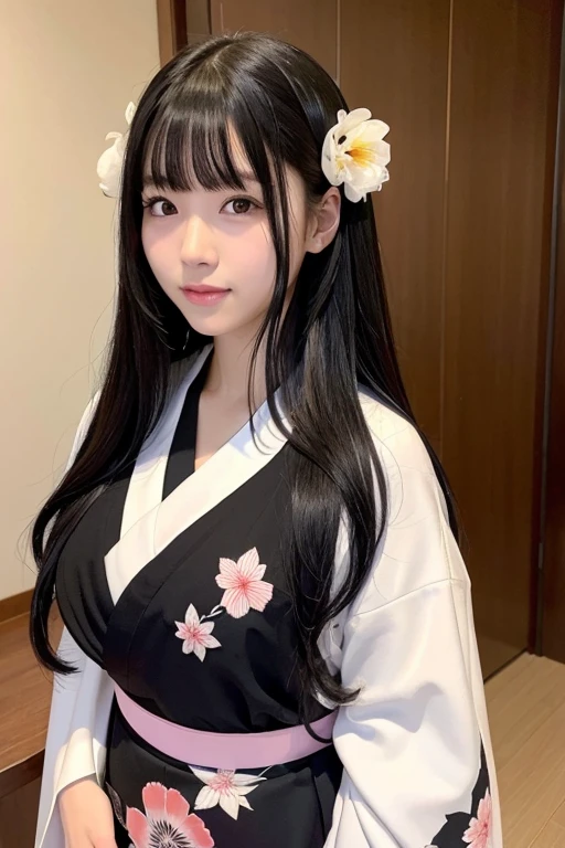 High school girl with long black hair wearing a kimono and hakama