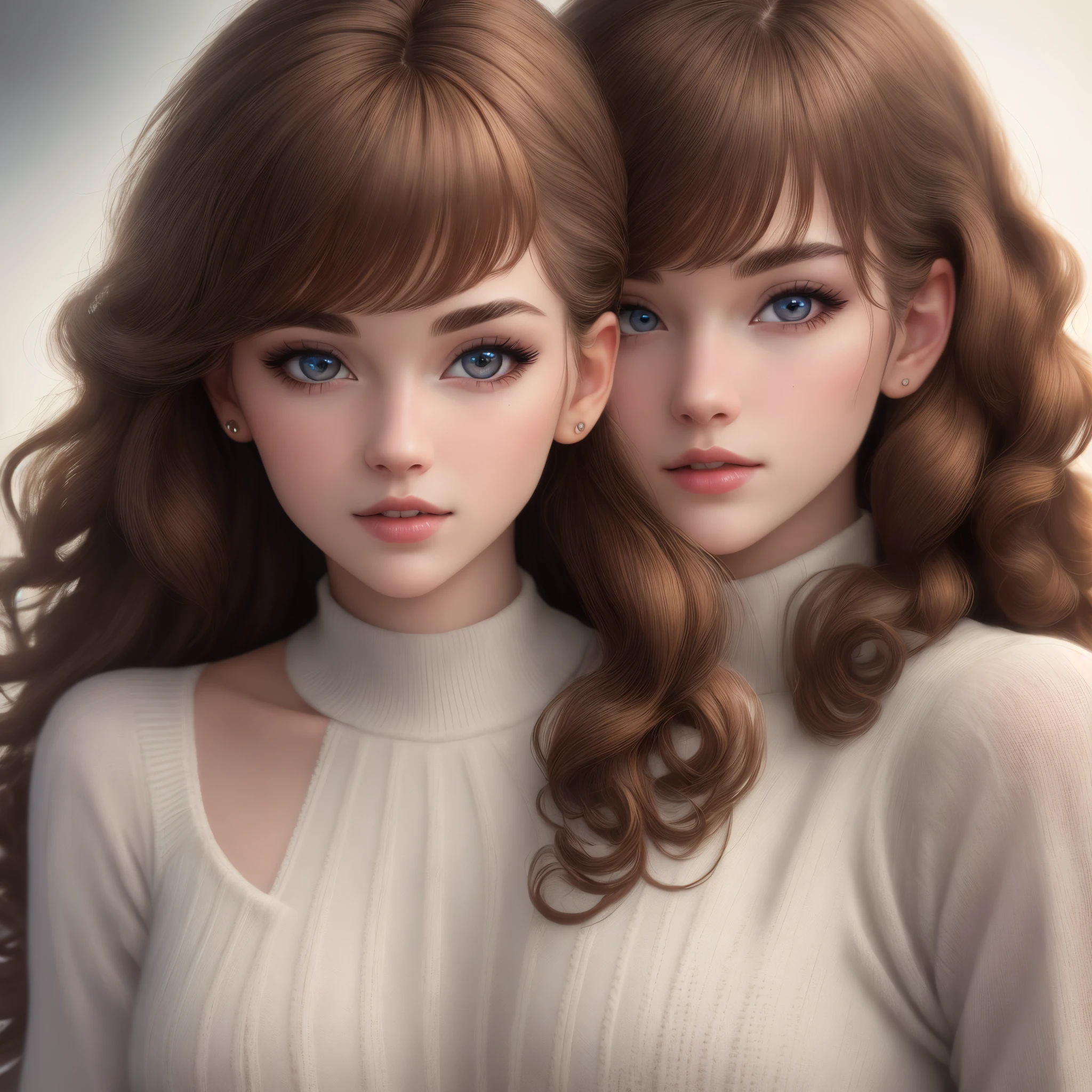 masterpiece,best quality,ultra detailed,extremely detailed,beautiful detailed glow,ultra high res,very high res,realistic,photorealistic,beautiful,distinct,best aesthetic,8k,Curly Hair,brown hair,Long Hair,Double eyelids Eyes,Straight Eyebrows, Loose Clothing knit,upper body,bangs,white background