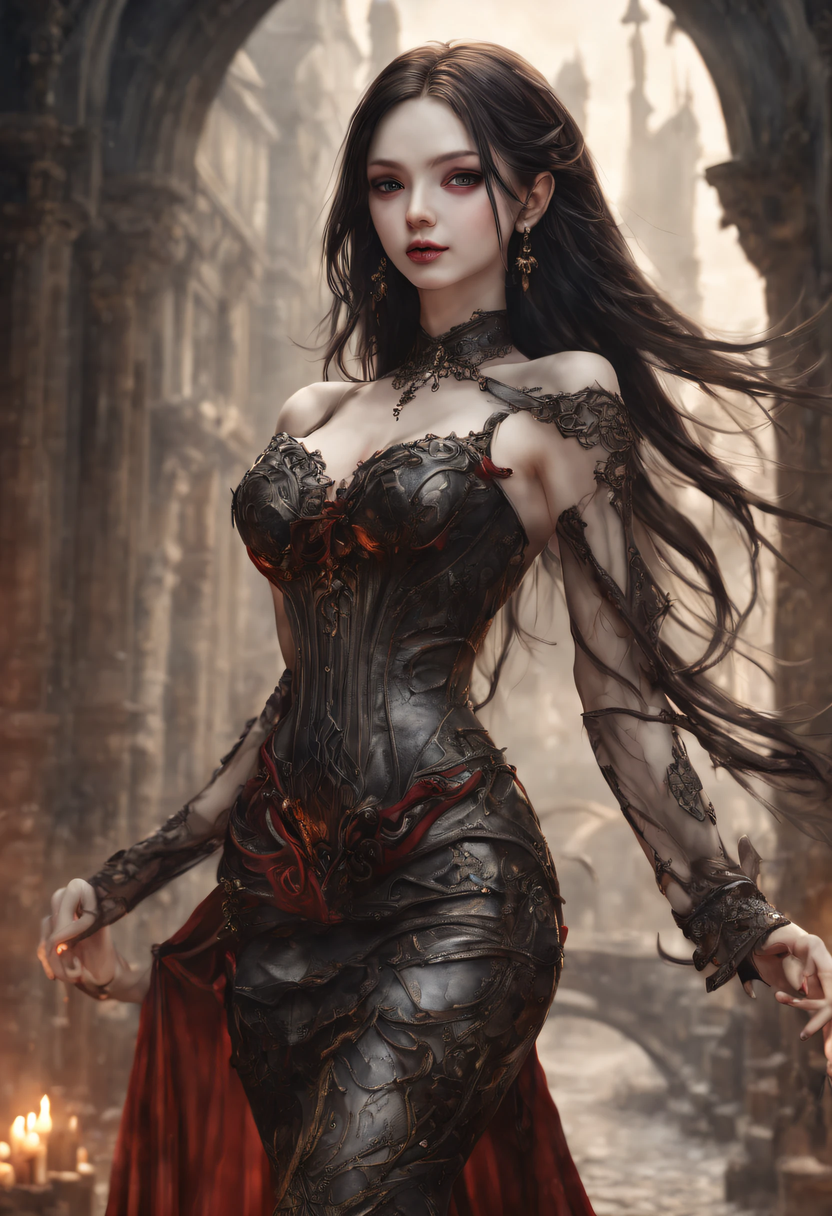 arafed, dark fantasy art, gothic art, (masterpiece:1.5), full body best details, highly detailed, best quality, highres, full body portrait of a vampire, elf (1.6, Masterpiece, best quality), ultra feminine (1.4 intricate details, Masterpiece, best quality) with a long curvy hair, dark color hair, red eyes (1.3 fantasy art, Masterpiece, best quality), ((beautiful delicate face)), Ultra Detailed Face (1.4 intricate details, fantasy art, Masterpiece, best quality), [visible sharp vampiric fangs] (1.6 intricate details, fantasy art, Masterpiece, best quality), [anatomically correct] red cloak, flowing cloak (1.4 intricate details, fantasy art, Masterpiece, best quality), wearing an intricate leather [white] dress (1.4 intricate details, gothic art, Masterpiece, best quality), high heeled boots, blood dripping on lips, urban background (intense details, beat details), fantasy, at night light, natural ,moon light, soft moon light, moon rays, clouds, gothic atmosphere, gothic street background, bats flying in background, soft light, dynamic light, [[anatomically correct]], high details, best quality, 8k, [ultra detailed], masterpiece, best quality, (extremely detailed), dynamic angle, ultra wide shot, RAW, photorealistic, wearing the garterbelt