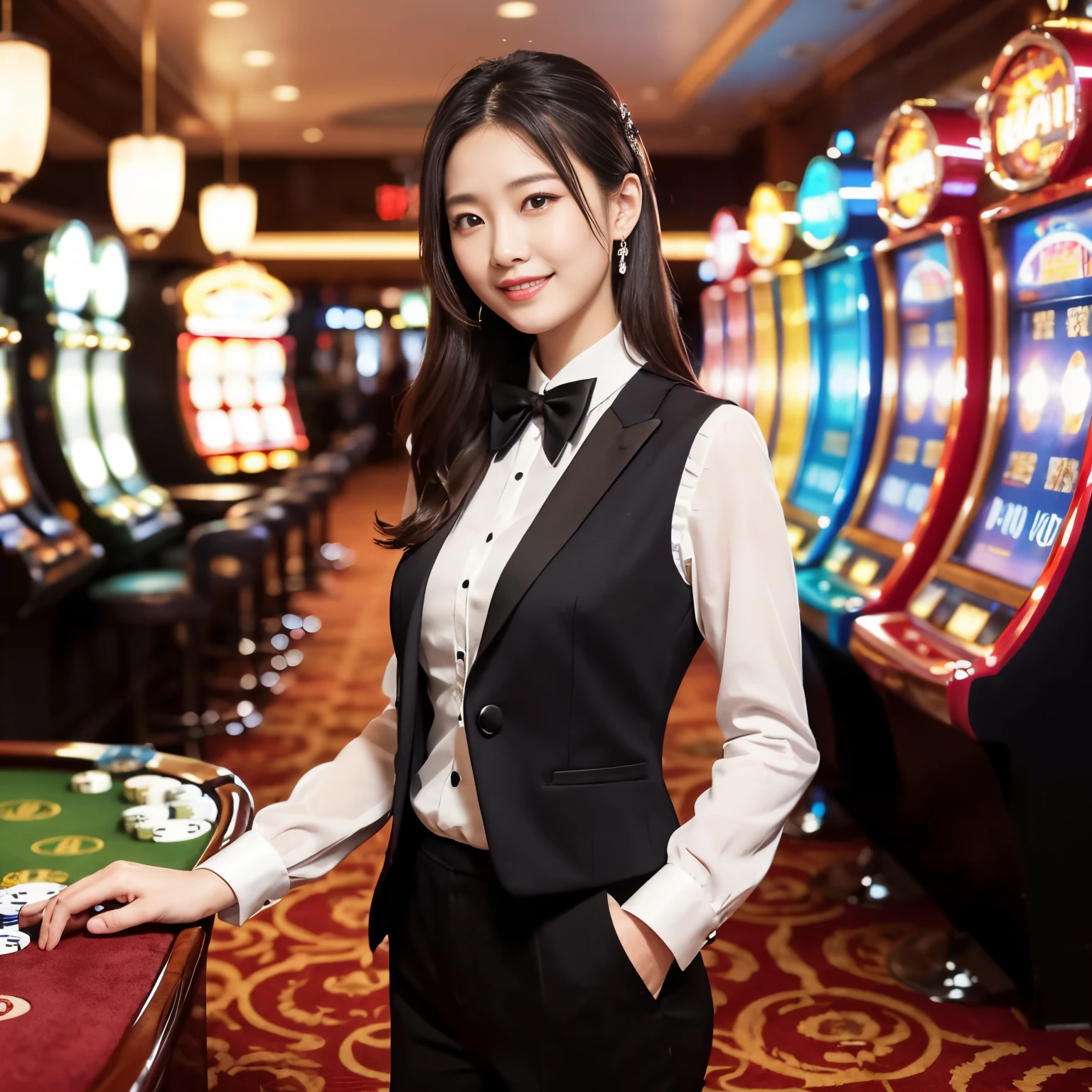 ((top-quality、masutepiece、8K、Top image quality、1 photo))、1人の女性、1 female、(White formal blouse、black suit vest、Black bow tie)、cowboy  shot、Formal hairstyle、The background is a gorgeous casino、High end casino interior in the background、The most luxurious and luxurious casino、The finest royal casino、Smile at the camera