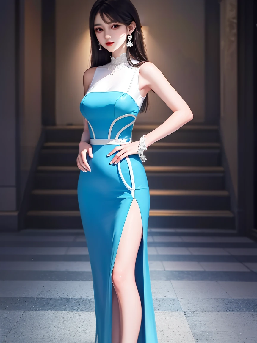 a woman in a blue and white dress and black shoes, tube-top dress, vine dress, photo of slim girl model, mercury dress, jia, femme, light half opened dress, bodycon dress, blue-white dress, stylish dress, short dress, full body cute young lady, a blue dress, blue checkerboard dress