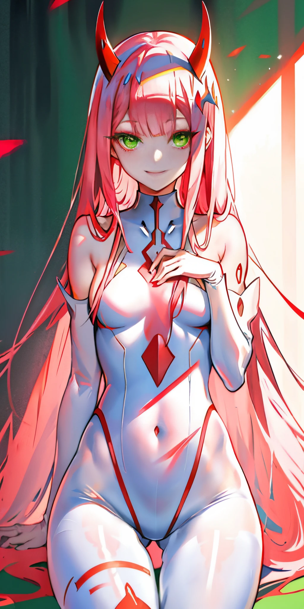 zero two \(darling in franxx\), darling in franxx, 1girl, bangs, bite, shadow, green eyes, horns, long hair, smiling, looking at the viewer, small breasts, big thighs, makeup, white bodysuit, pink hair, red eyeshadow, tight skin, solo