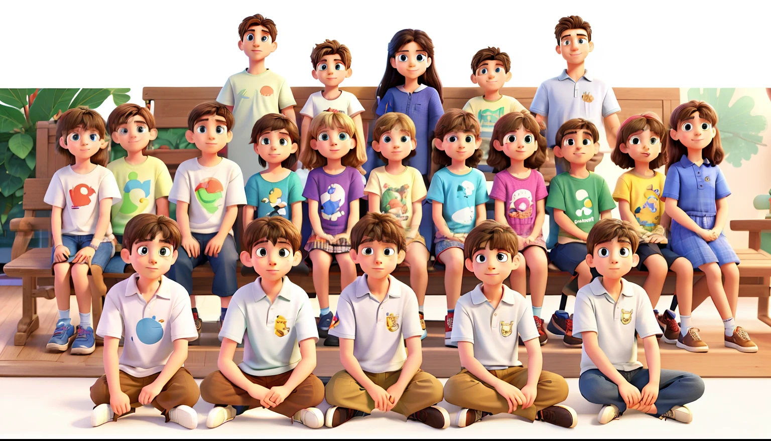 Just replace the fourth child standing in the third row with a boy. Improve the arm and hair of the second boy sitting in front of the first row. POster estilo Disney Pixar